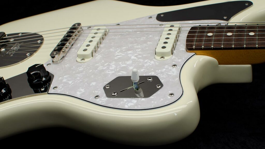 Tone Volume Angle Jag control plates by RockRabbit installed on a Jaguar guitar